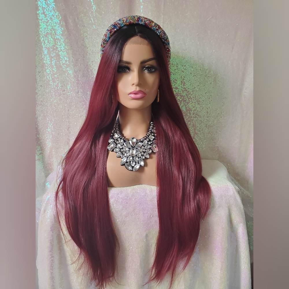 Long Straight dark rooted Burgandy wig